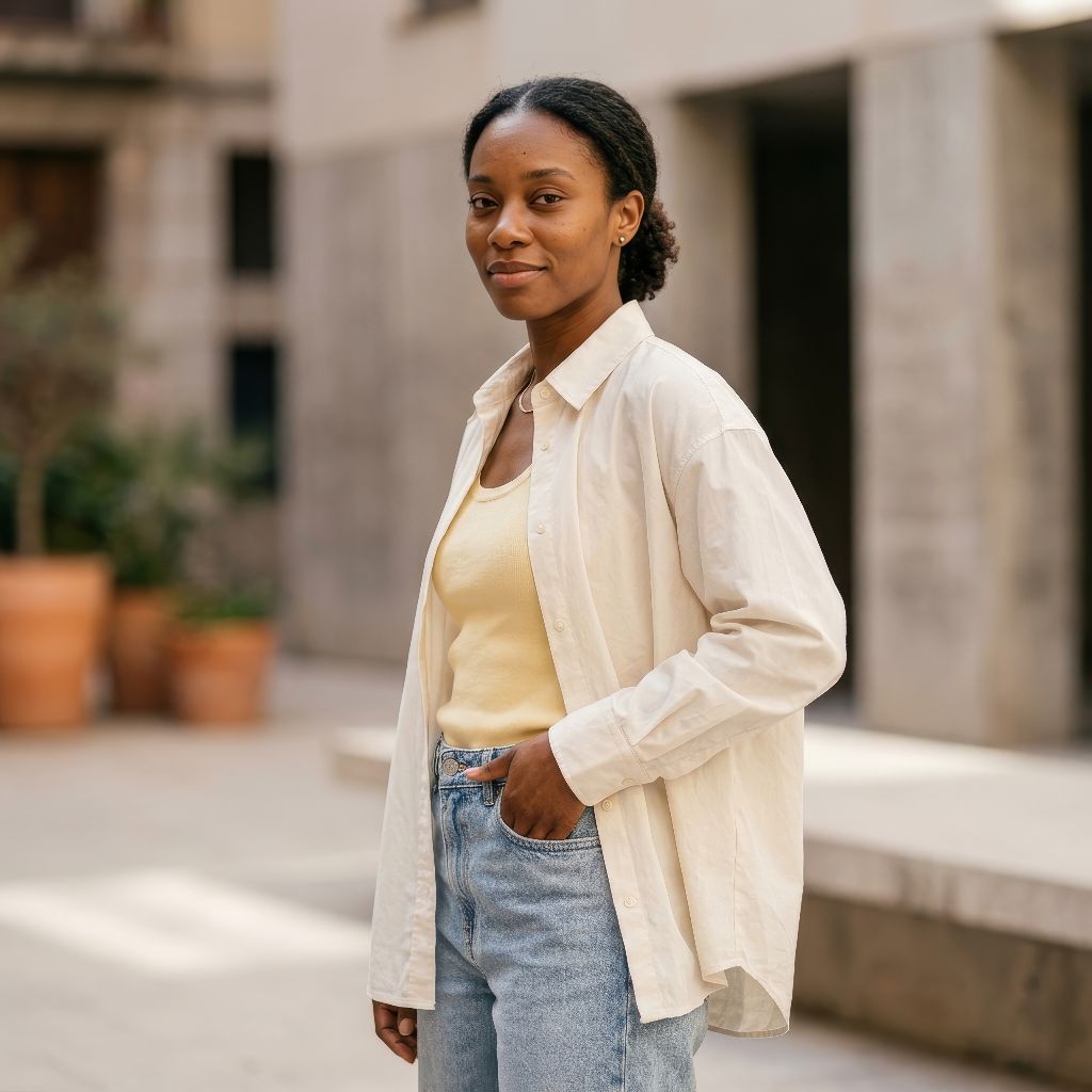 Solene — AI-generated showcase persona, everyday feed shot, fictional Parisian ready-to-wear brand example