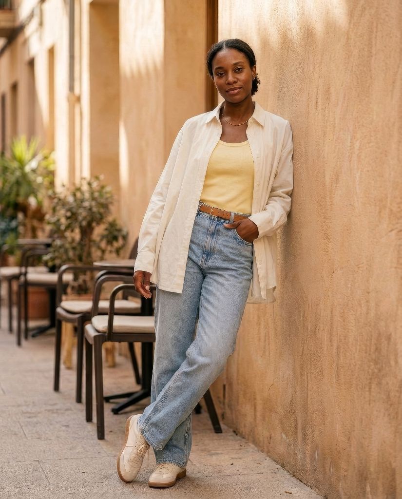 Solene — AI-generated showcase persona, everyday look, fictional Parisian ready-to-wear brand example